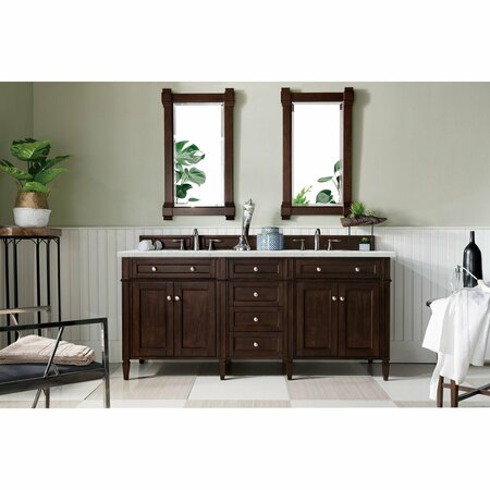 James Martin Vanities Brittany 72in Double Vanity, Burnished Mahogany w/ 3 CM Eternal Jasmine Pearl Quartz Top 650-V72-BNM-3EJP